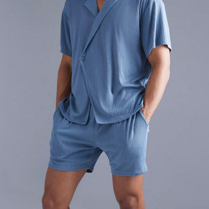 Fashionable and casual solid color dark blue short-sleeved shirt and shorts two-piece men's suit