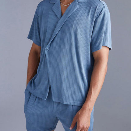 Fashionable and casual solid color dark blue short-sleeved shirt and shorts two-piece men's suit