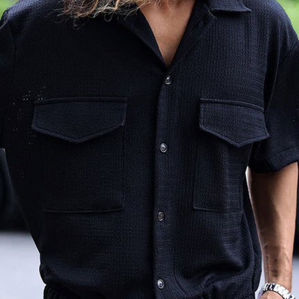 Men's new cardigan front pocket casual short-sleeved shirt