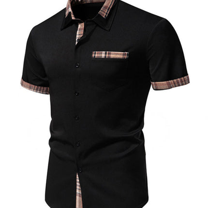 Men's Casual Collar Buttoned Plaid Color Block Short Sleeve Shirt