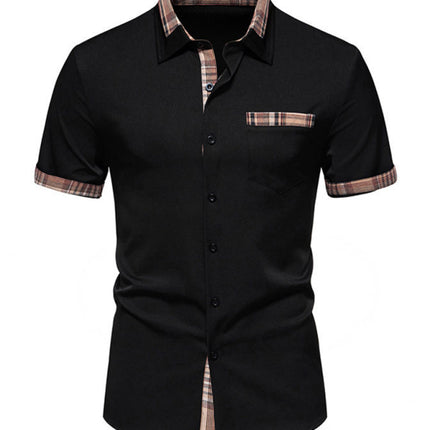 Men's Casual Collar Buttoned Plaid Color Block Short Sleeve Shirt