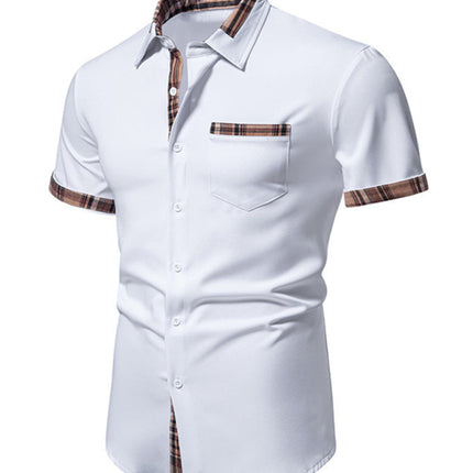 Men's Casual Collar Buttoned Plaid Color Block Short Sleeve Shirt