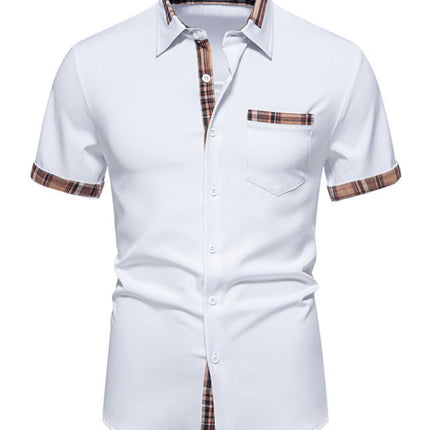 Men's Casual Collar Buttoned Plaid Color Block Short Sleeve Shirt