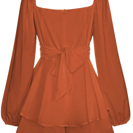 Women's Square Neck Lantern Long Sleeve One Piece Ruffle Shorts Casual Culottes