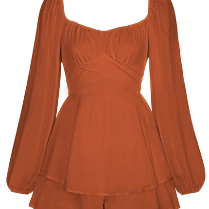 Women's Square Neck Lantern Long Sleeve One Piece Ruffle Shorts Casual Culottes