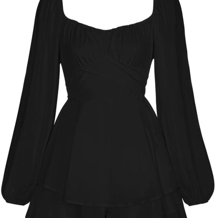 Women's Square Neck Lantern Long Sleeve One Piece Ruffle Shorts Casual Culottes