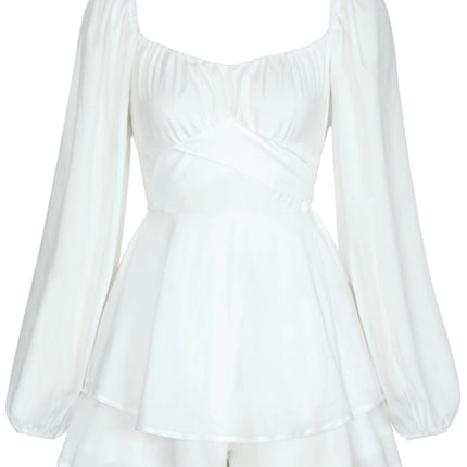 Women's Square Neck Lantern Long Sleeve One Piece Ruffle Shorts Casual Culottes