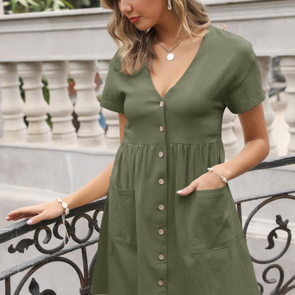 Women's Loose Shirt Dress V-Neck Short Sleeve Pleated Cotton Linen Dress