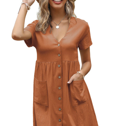 Women's Loose Shirt Dress V-Neck Short Sleeve Pleated Cotton Linen Dress