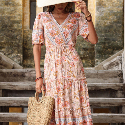 Vintage Women's Pink Fungus Print V-Neck Midi Dress