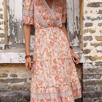 Vintage Women's Pink Fungus Print V-Neck Midi Dress