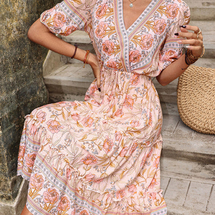 Vintage Women's Pink Fungus Print V-Neck Midi Dress