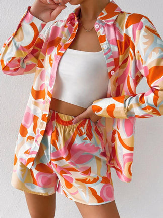 Women's printed casual long-sleeved shirt + shorts two-piece suit