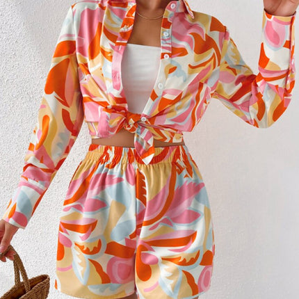 Women's printed casual long-sleeved shirt + shorts two-piece suit