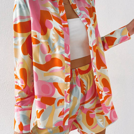 Women's printed casual long-sleeved shirt + shorts two-piece suit