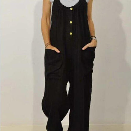 Cotton Linen Overalls Pocket Solid Elastic Band Button Jumpsuit