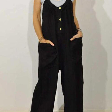 Cotton Linen Overalls Pocket Solid Elastic Band Button Jumpsuit