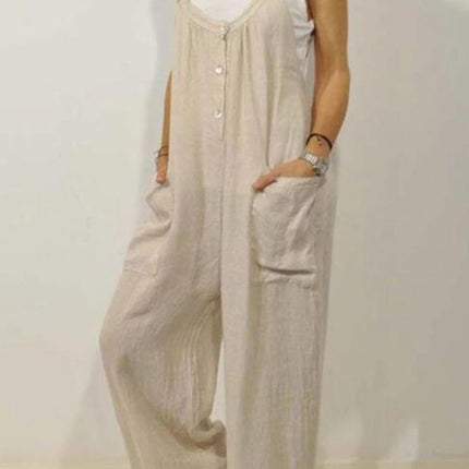 Cotton Linen Overalls Pocket Solid Elastic Band Button Jumpsuit