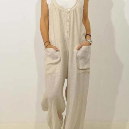 Cotton Linen Overalls Pocket Solid Elastic Band Button Jumpsuit