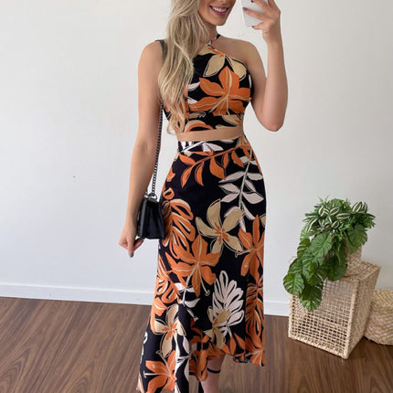 Women's Printed Short Tether Tank Top High Waist Skirt Two-Piece Set