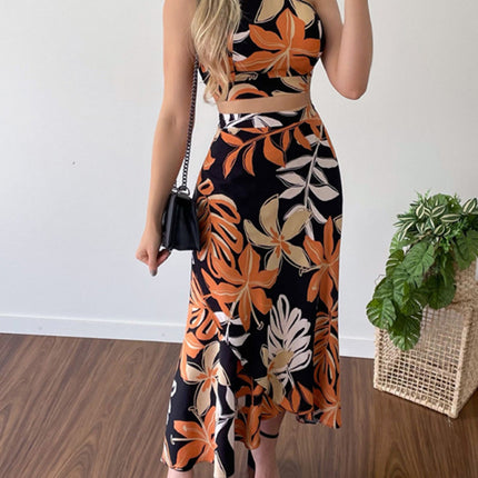 Women's Printed Short Tether Tank Top High Waist Skirt Two-Piece Set