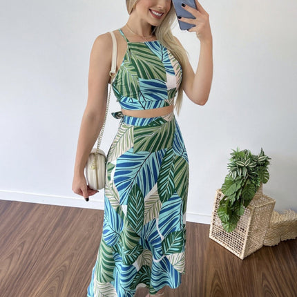 Women's Printed Short Tether Tank Top High Waist Skirt Two-Piece Set