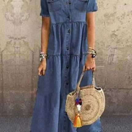 European and American denim style long multi-button distressed dress