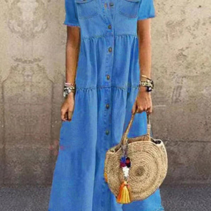 European and American denim style long multi-button distressed dress