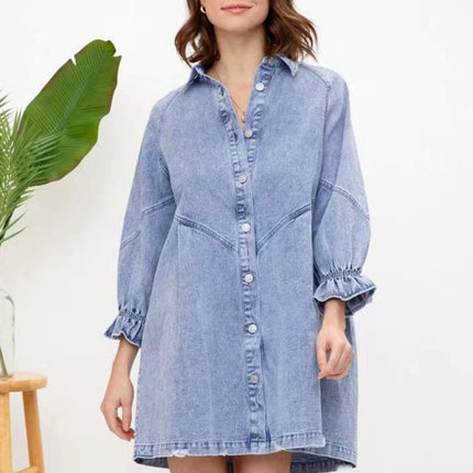 Women's Casual Loose Denim Balloon Sleeve Long Sleeve Dress