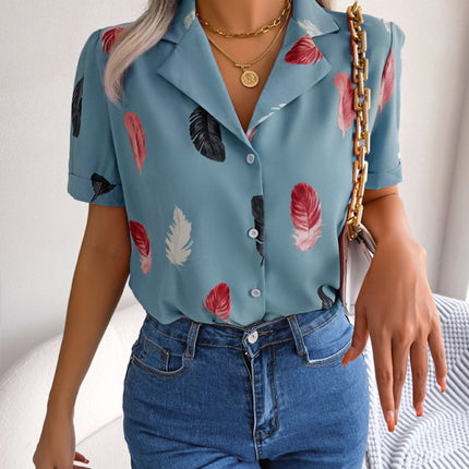 Women's Elegant Feather Print Loose Short Sleeve Shirt