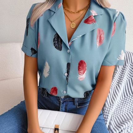 Women's Elegant Feather Print Loose Short Sleeve Shirt