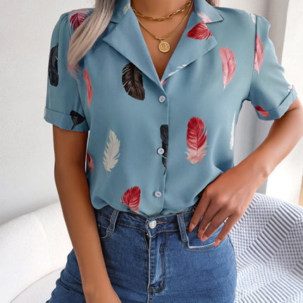 Women's Elegant Feather Print Loose Short Sleeve Shirt