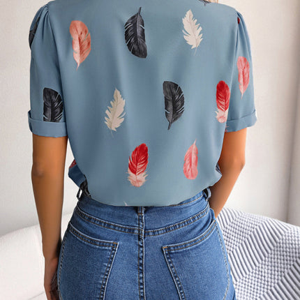 Women's Elegant Feather Print Loose Short Sleeve Shirt