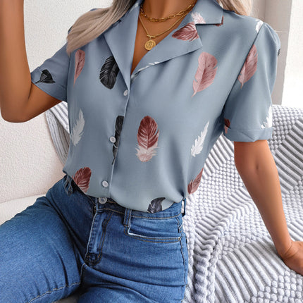 Women's Elegant Feather Print Loose Short Sleeve Shirt