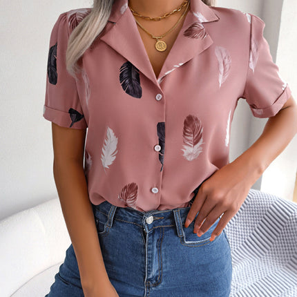 Women's Elegant Feather Print Loose Short Sleeve Shirt