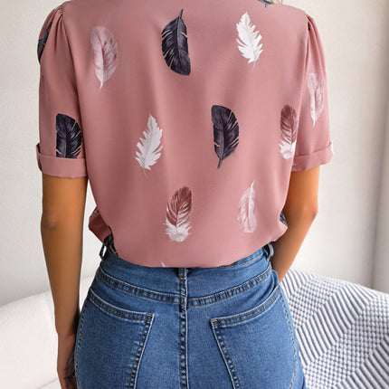 Women's Elegant Feather Print Loose Short Sleeve Shirt