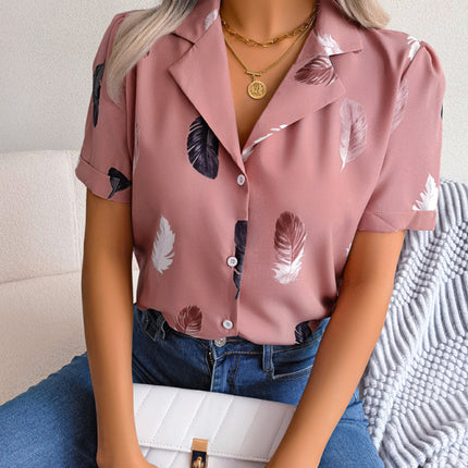Women's Elegant Feather Print Loose Short Sleeve Shirt