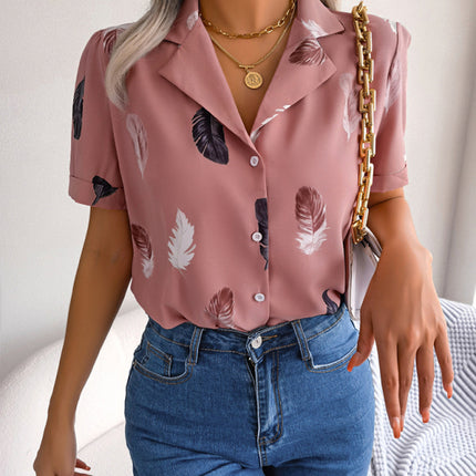 Women's Elegant Feather Print Loose Short Sleeve Shirt