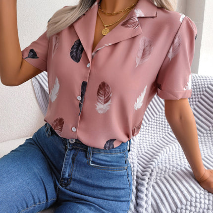 Women's Elegant Feather Print Loose Short Sleeve Shirt