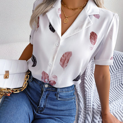 Women's Elegant Feather Print Loose Short Sleeve Shirt