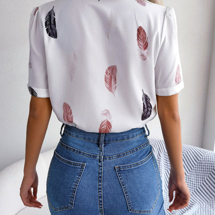 Women's Elegant Feather Print Loose Short Sleeve Shirt