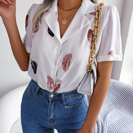 Women's Elegant Feather Print Loose Short Sleeve Shirt