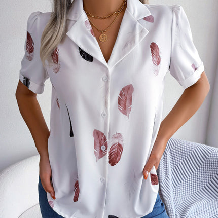 Women's Elegant Feather Print Loose Short Sleeve Shirt