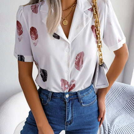 Women's Elegant Feather Print Loose Short Sleeve Shirt