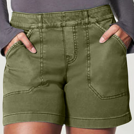 New fashion all-match women's high elastic twill large pocket solid color casual shorts
