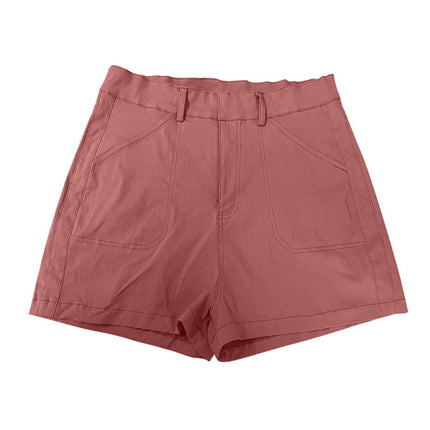 New fashion all-match women's high elastic twill large pocket solid color casual shorts