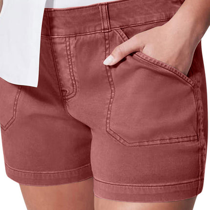 New fashion all-match women's high elastic twill large pocket solid color casual shorts