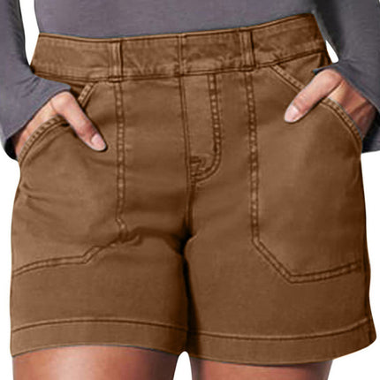 New fashion all-match women's high elastic twill large pocket solid color casual shorts