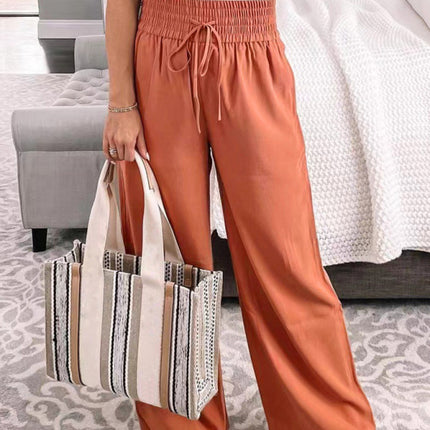 Loose Home Casual Trousers Mid-Waist Solid Color Lace-Up Wide-Leg Pants