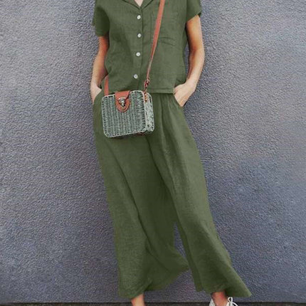 Wide-leg lapel short-sleeved shirt solid color suit retro cotton linen high waist loose